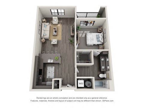 Floor plan for 1 bed, 1 bath, 822 sqft